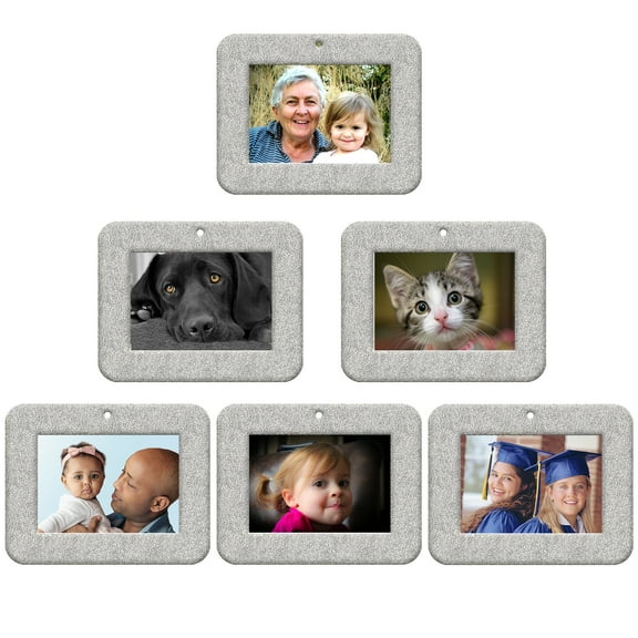 Expressly Yours! Mini Magnetic Glitter Picture Frame Christmas Ornaments with Photo Protectors, Horizontal Silver, 6-Pack