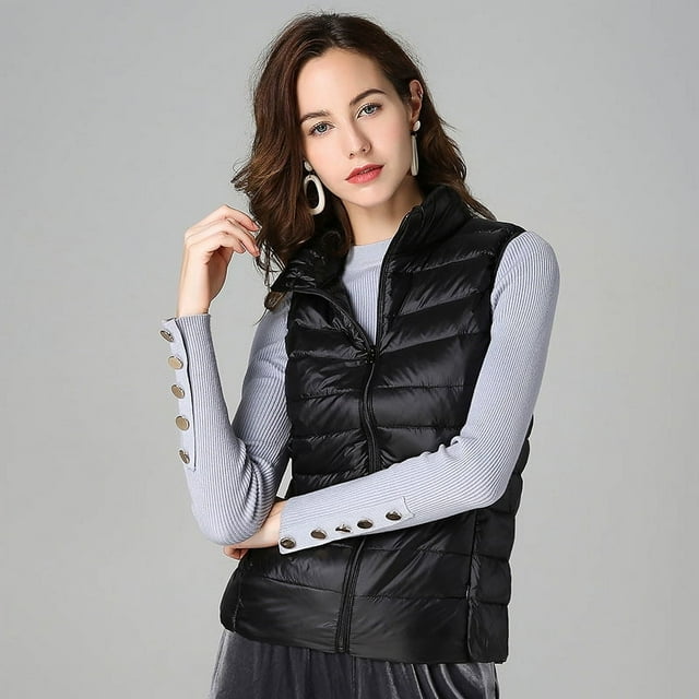Chaleco de plumón ligero para mujer, chaleco ajustado de cuello alto corto, chaleco de plumón de otoño e invierno, chaleco de talla grande para mujer