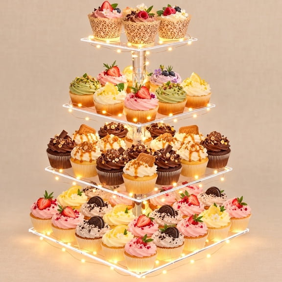 XALMERIQ Acrylic Cupcake Stand, 4 Tier Cupcake Stand for 52 Cupcakes with LED String Light, Square Cup Cake Tower Stand Clear Dessert Table Display for Birthday, Wedding, Party