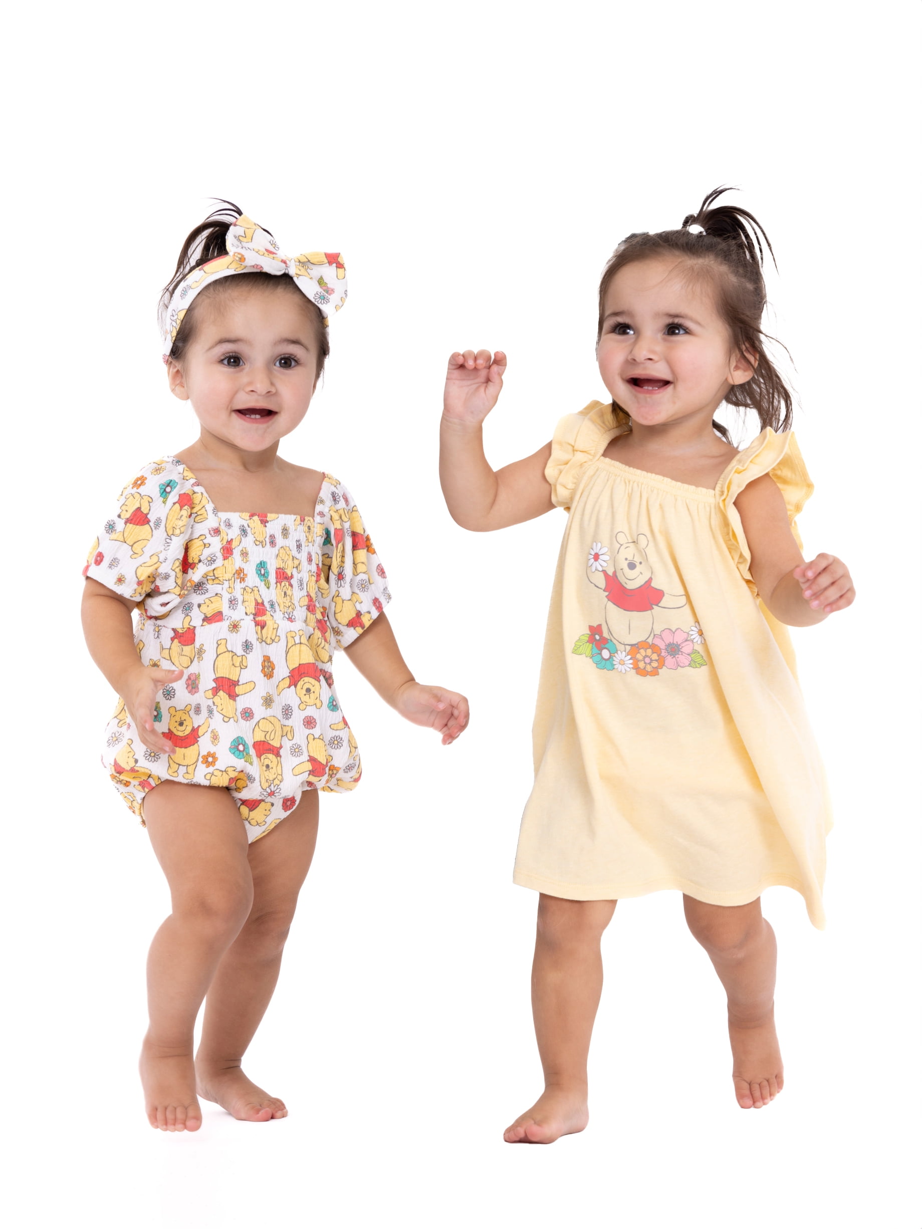 Winnie the Pooh Baby Girl Sundress, Romper and Diaper Cover Outfit Set with Headband, Sizes 0/3M-24M