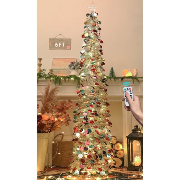 Árbol de Navidad HMASYO de 6 pies con 100 luces LED y control remoto plateado