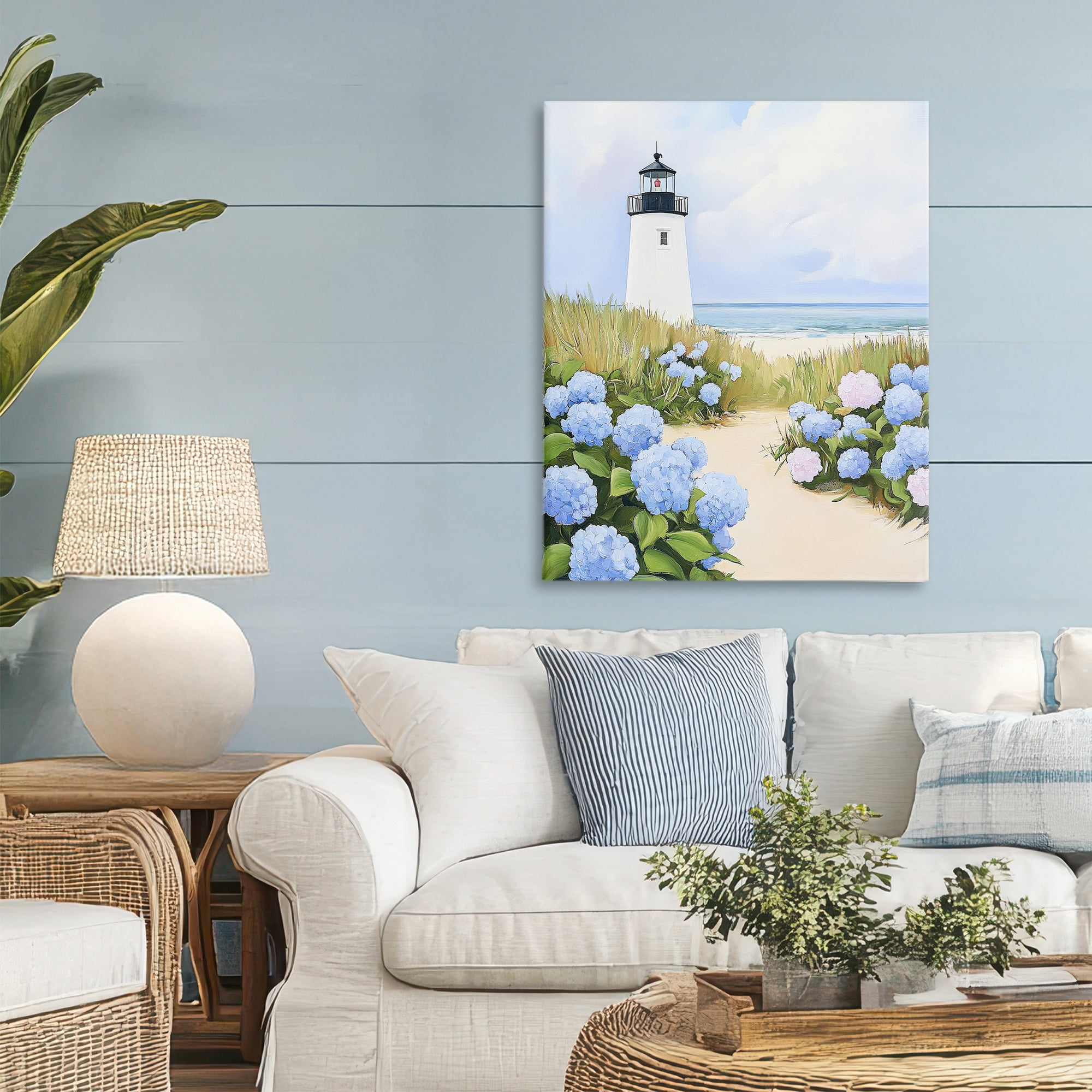 Stupell Industries Hydrangea Path Leading to Lighthouse Canvas Wall Art, design by Sisi and Seb