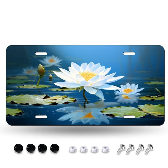 White Water Lilies on a Blue Pond License Plate Frame, Decorative Novelty License Plate Rust-Proof Stainless Steel, Unique Car Tags 12X6IN