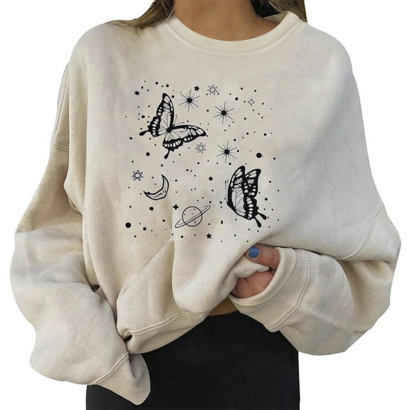 Luwomo Casual Sweatshirts Womens Butterfly Print Long Sleeve Crewneck Pullover Loose Fit Regular Tops Beige,L