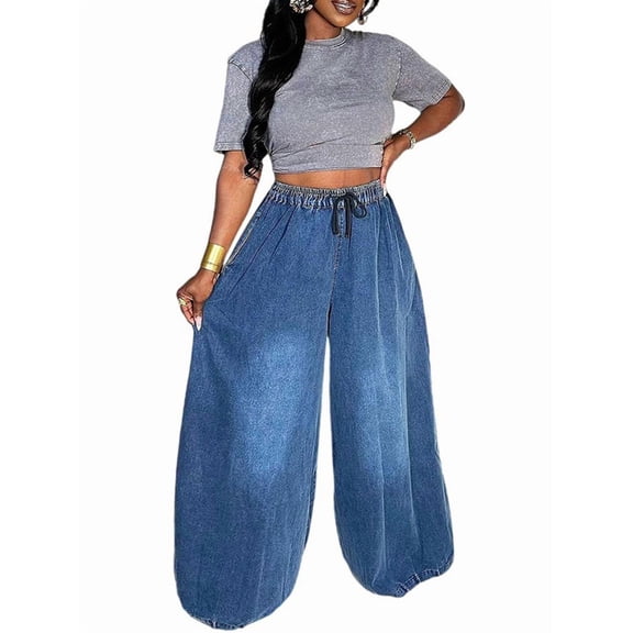 Women'S Baggy Jeans Cropped Elastic Waist Denim Pants Loose Trousers with Pockets Blue XL