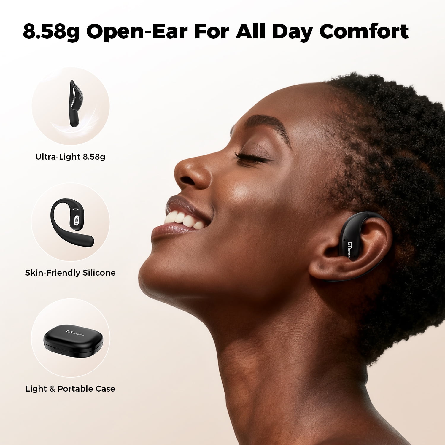 GTbeans E20 Open-Ear Earphones OWS Ear Hooks Wireless Bluetooth 6.0 Headphones IP55 Waterproof 56 Hrs Playtime 4 Mic Clear Call Sports Earbuds, Black