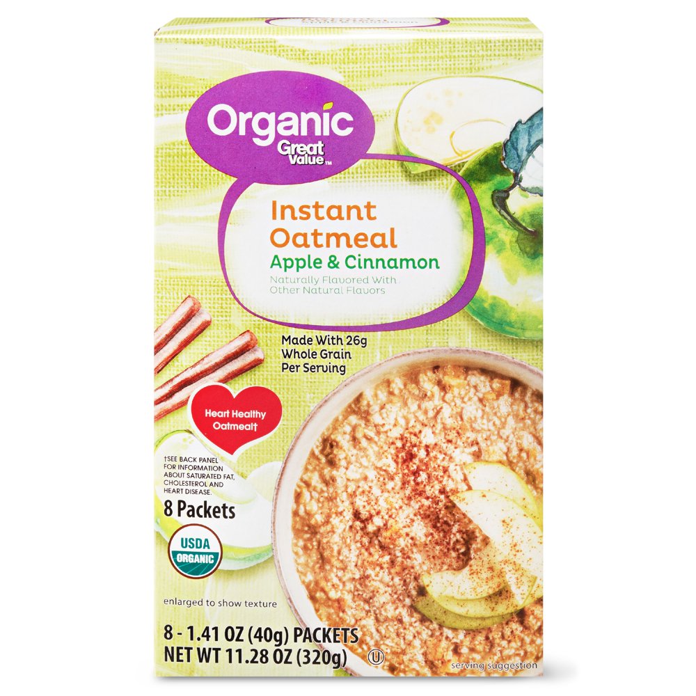Great Value Organic Instant Oatmeal, Apple & Cinnamon, 8 Count, 11.28 oz