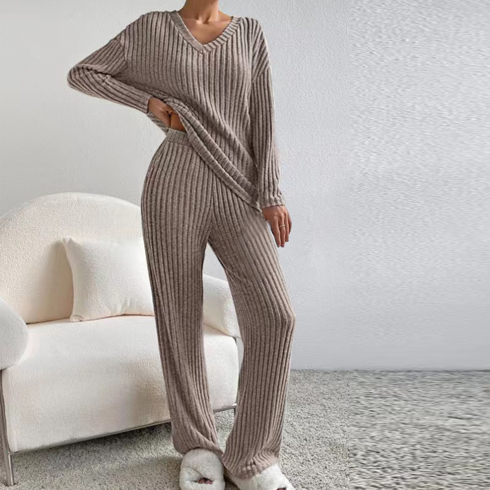 asjyhkr Ribbed Kint Sets for Women 2 Piece Long Sleeve V Neck Sweater
