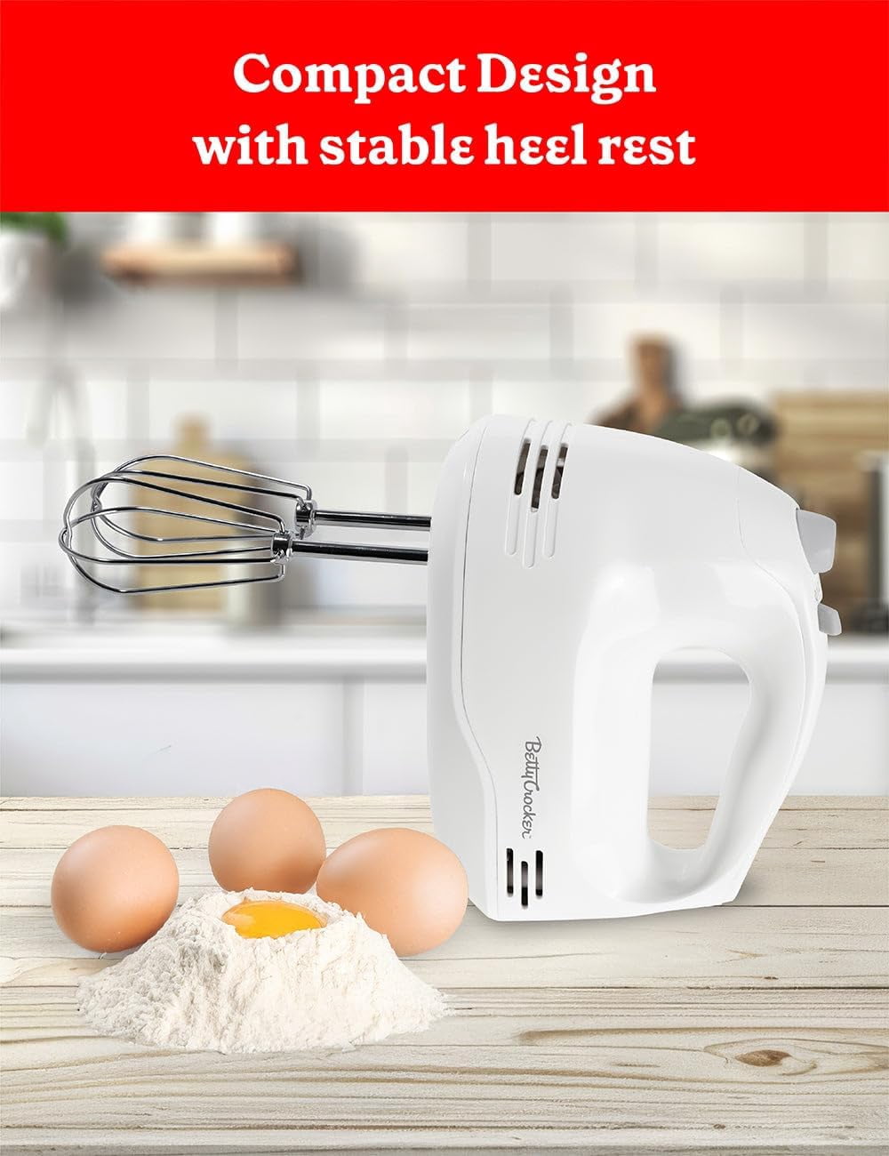 Betty Crocker 5-Speed Hand Mixer, 150 Watts Power, Easy-Clean Chrome Plate Beaters, Beater Eject Button, Heel Rest, Sleek Compact Design, Apartment Essentials, BC-4203WT, White