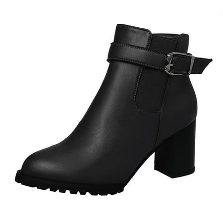 

Boots for Women Fashion Casual Roman Short Ankle Boots Chunky Heels Leather Shoes Women Ankle Boots PU Black