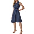 thumbnail image 4 of INSPIRE CHIC Chambray Dress for Women's Belt Button Down A-Line Midi Dress Dark Blue XS, 4 of 5