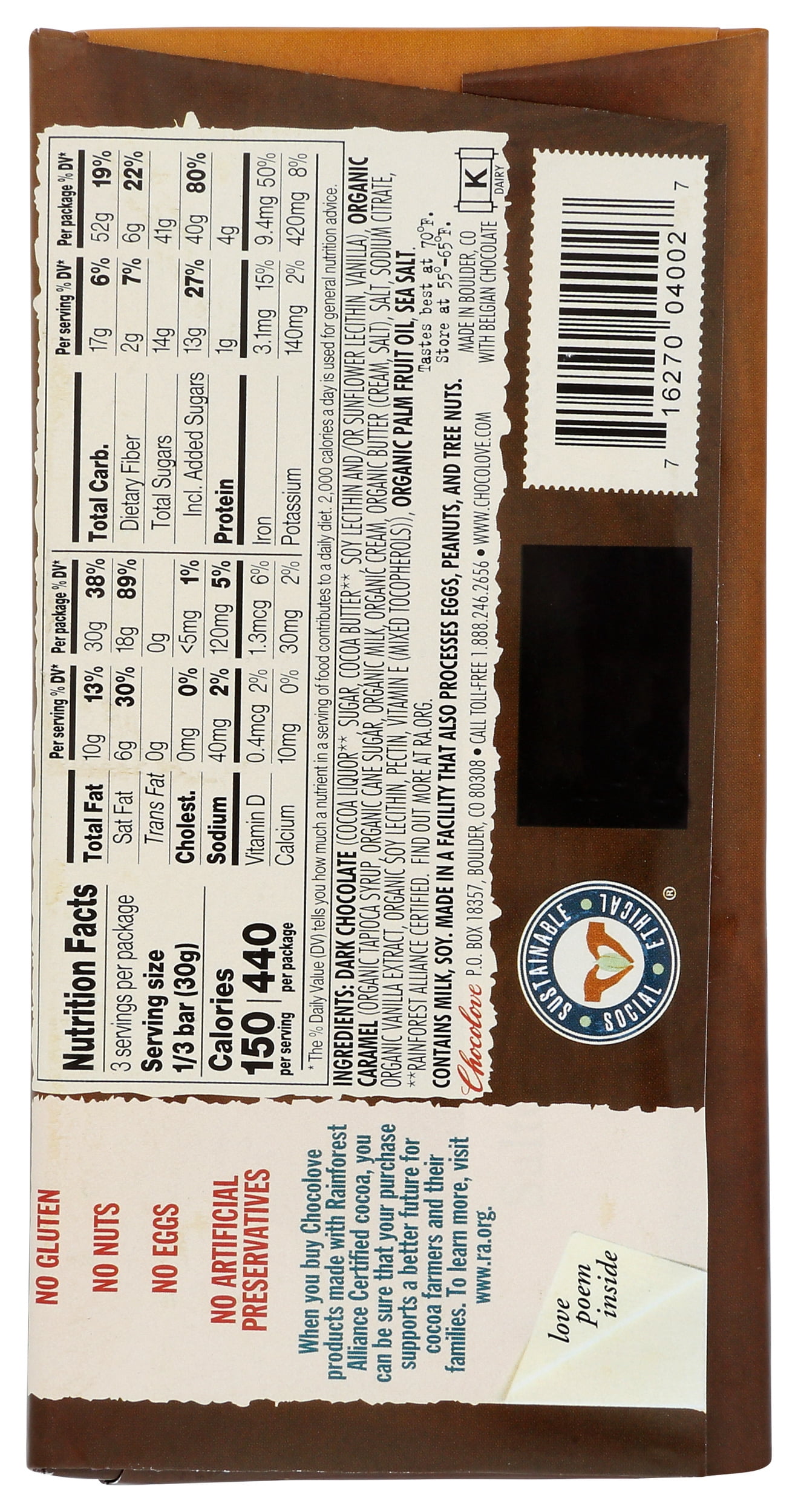 Pack of 10, Chocolove Salted Caramel in Dark Chocolate, 3.2 oz