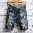 thumbnail image 2 of Summer Cotton Men‘s Ripped Hole Denim Shorts Thin Casual Straight Retro Biker Knee Length Short Jeans Male Streetwear Plus Size, 2 of 7