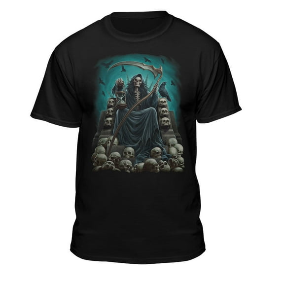 Teelocity Men's Grim Reaper on a Throne of Skulls Black Relaxed Fit Short Sleeve Graphic T-Shirt