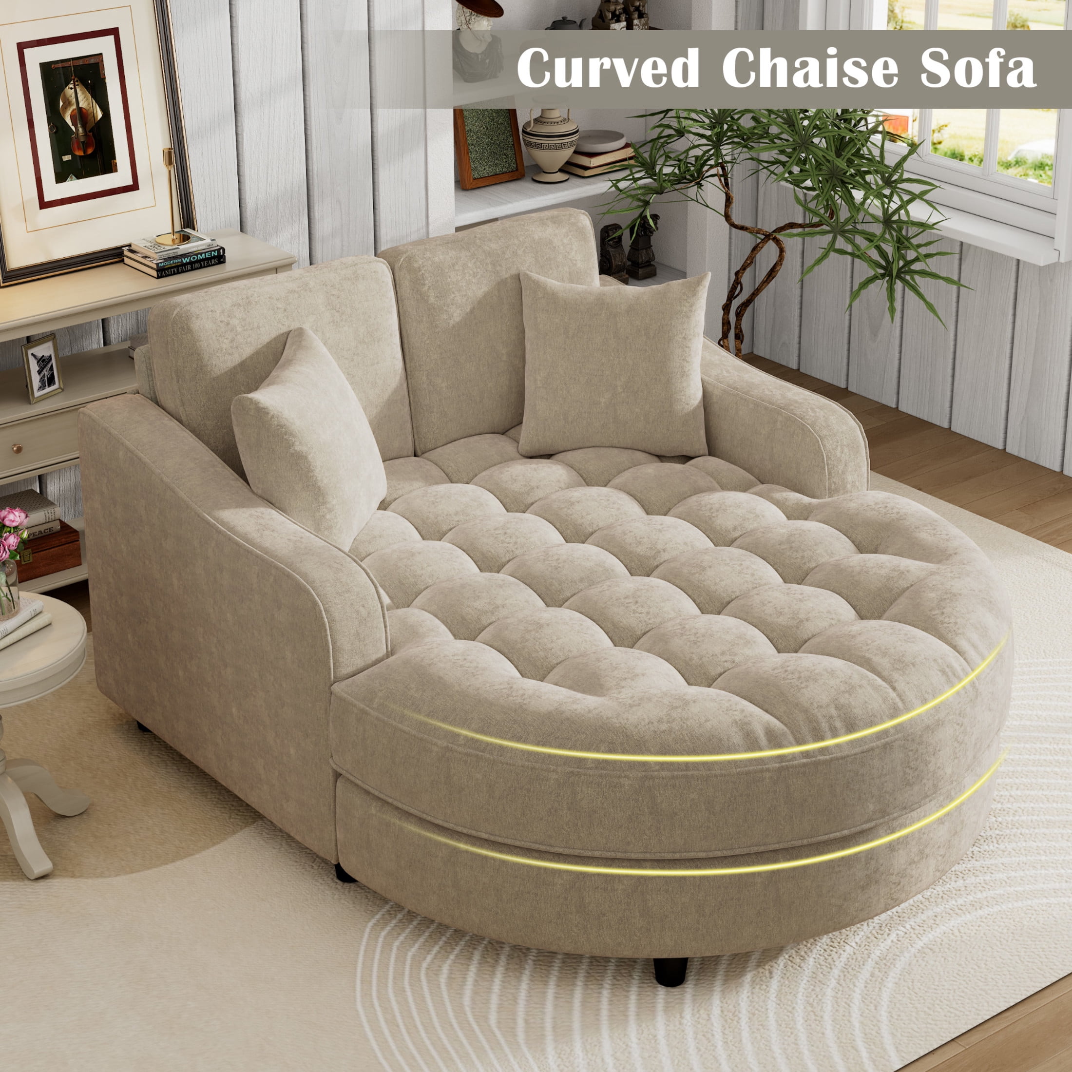 Christopher Knight Home 51" Modern Chaise Lounge Sofa Bed, Tufted Chenille Couch with Pillows, Champagne