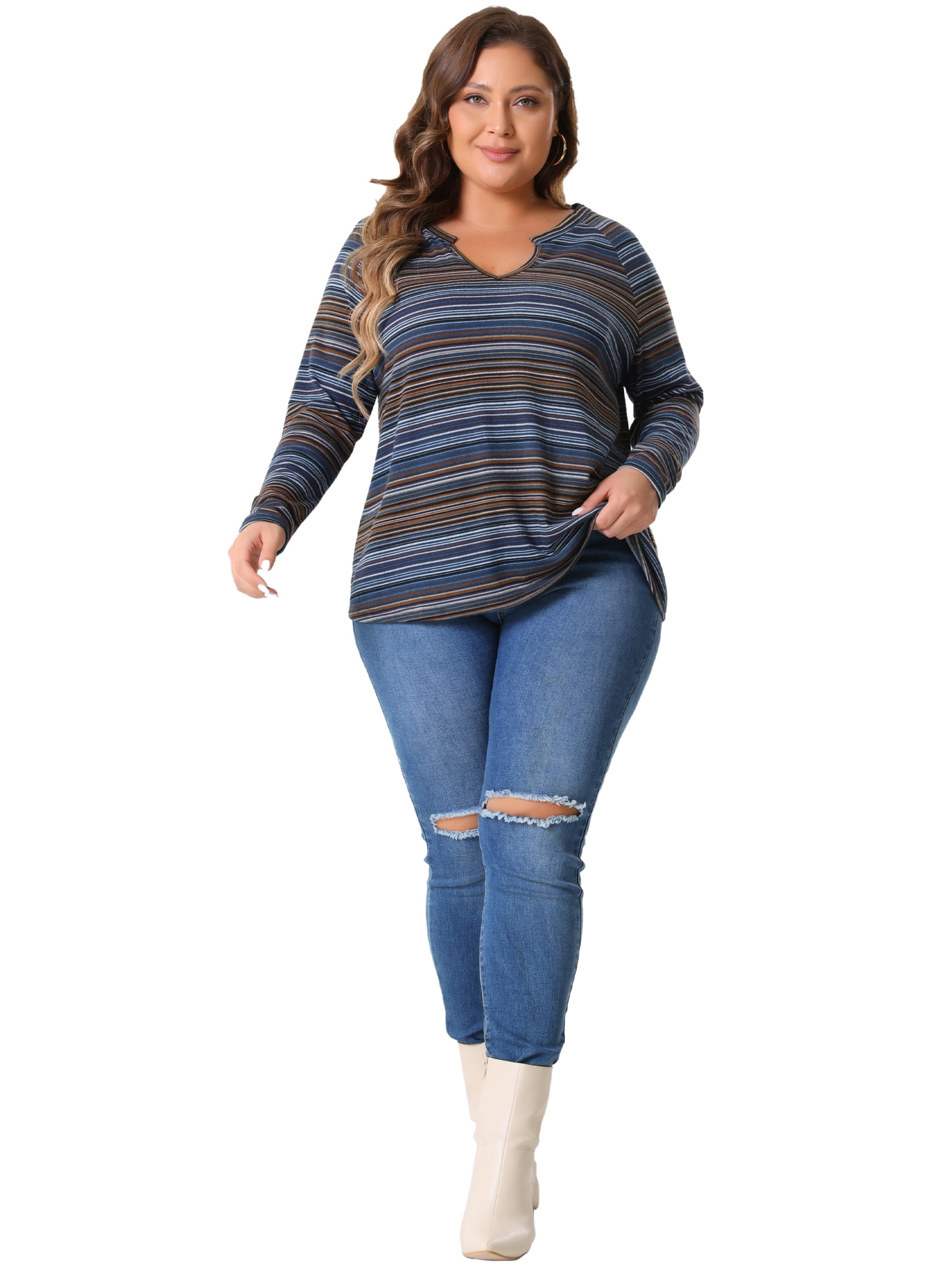 DARING DIVA Women' Plus Size Long Sleeve Notch V Neck Blouses 2X Blue