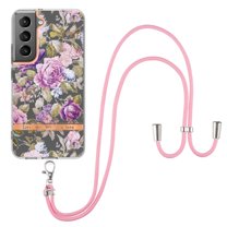 Flower Pattern Case for Samsung Galaxy S22, Detachable Shoulder Strap Lanyard Crossbody Slim Lightweight Floral Cover with Soft Silicone Shockproof Drop Resistant Case,Purple Peony