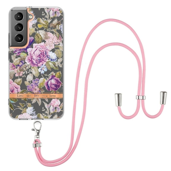 Flower Pattern Case for Samsung Galaxy S23, Detachable Shoulder Strap Lanyard Crossbody Slim Lightweight Floral Cover with Soft Silicone Shockproof Drop Resistant Case,Purple Peony