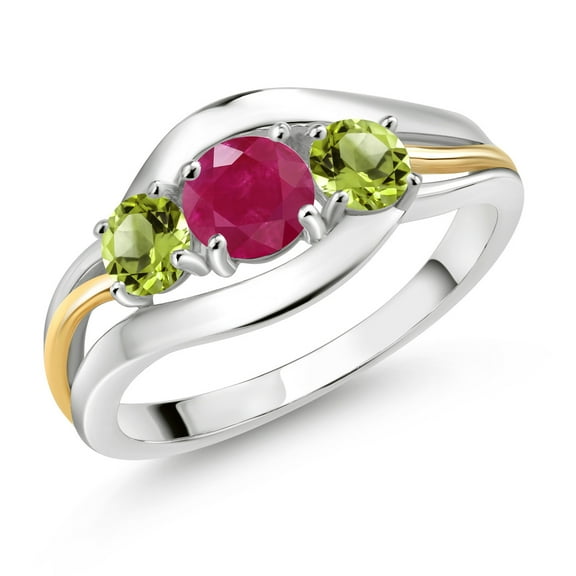 Gem Stone King 925 Sterling Silver and 10K Yellow Gold Round Red Ruby and Green Peridot 3 Stone Ring for Women (1.15 Cttw, Size 5)