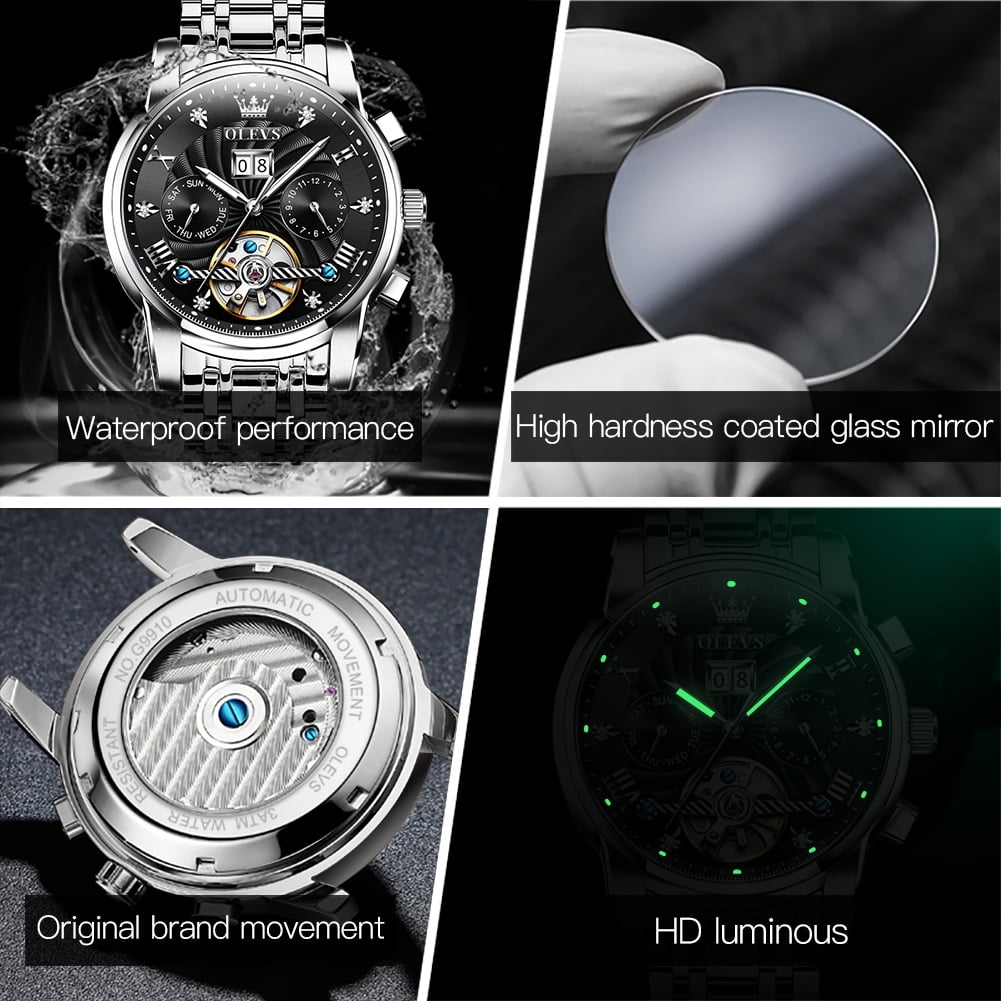OLEVS Watch for Men Automatic Skeleton Tourbillon Mechanical Self Winding Business Luxury Dual Calendar Stainless Steel Luminous Waterproof Man Wrist Watches Black Dial