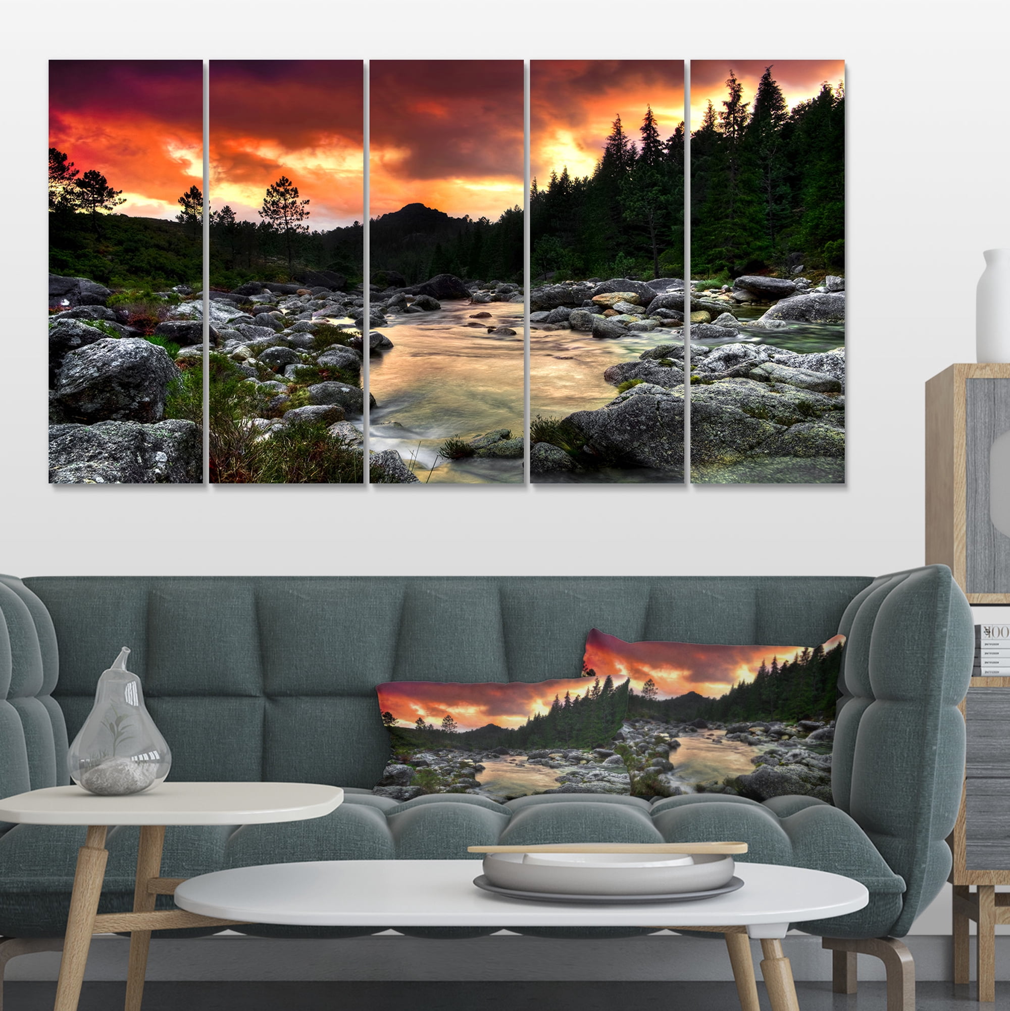Designart 'Rocky Mountain River at Sunset ' Extra Large Wall Art Landscape