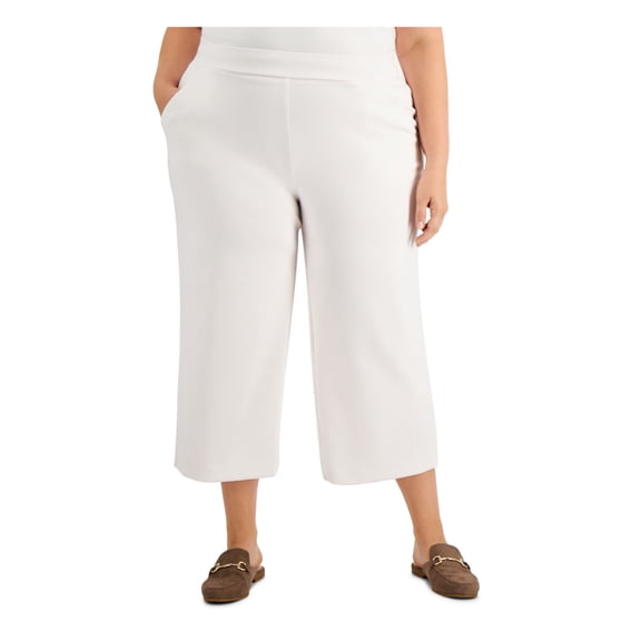 ALFANI Womens Ivory Stretch Pocketed Cropped Pull-on Styling Wear To Work Wide Leg Pants Plus 1X