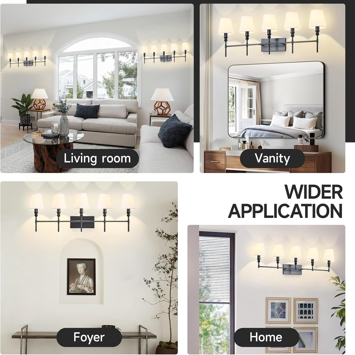 5-Light Vanity Lights for Bathroom,41 in Vintage Black Bathroom Vanity Light Fixtures,with Flared White Fabric Lampshade for Bedroom,Living Room,Foyer,Hardwired,E12 Base