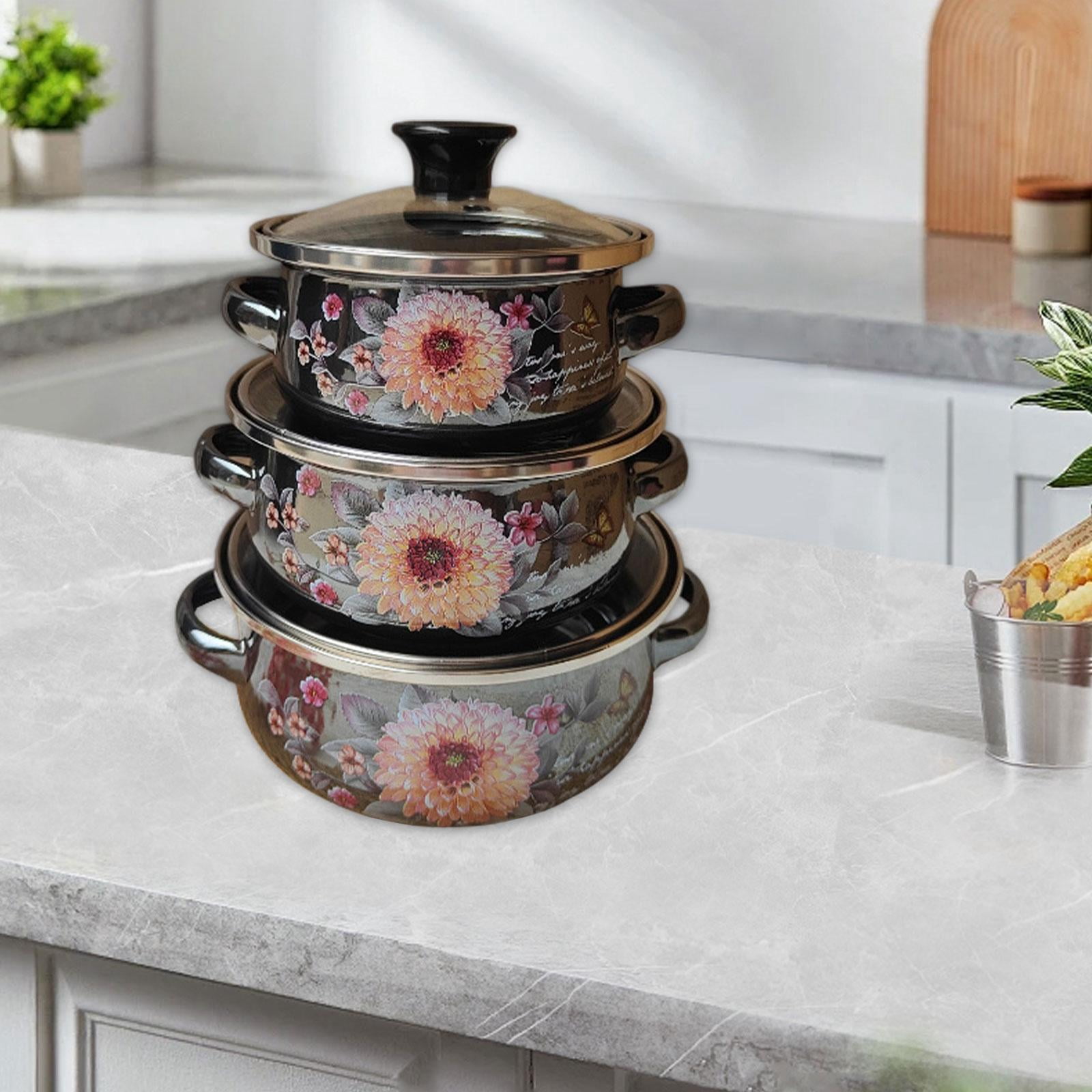 Dualoai 3x Enamel Stockpots Set Cookware Cooker Enamel Pots for Restaurant Home Gift