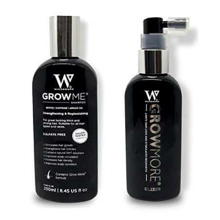 Waterman's Grow Me, Best Hair Growth Shampoo for Women & Men, 8.45 Oz + Waterman's GrowMore Elixir with Biotin, Lupine Protein, Rosemary, 3.4 Oz + Eyebrow (Best Shampoo For Quick Hair Growth)