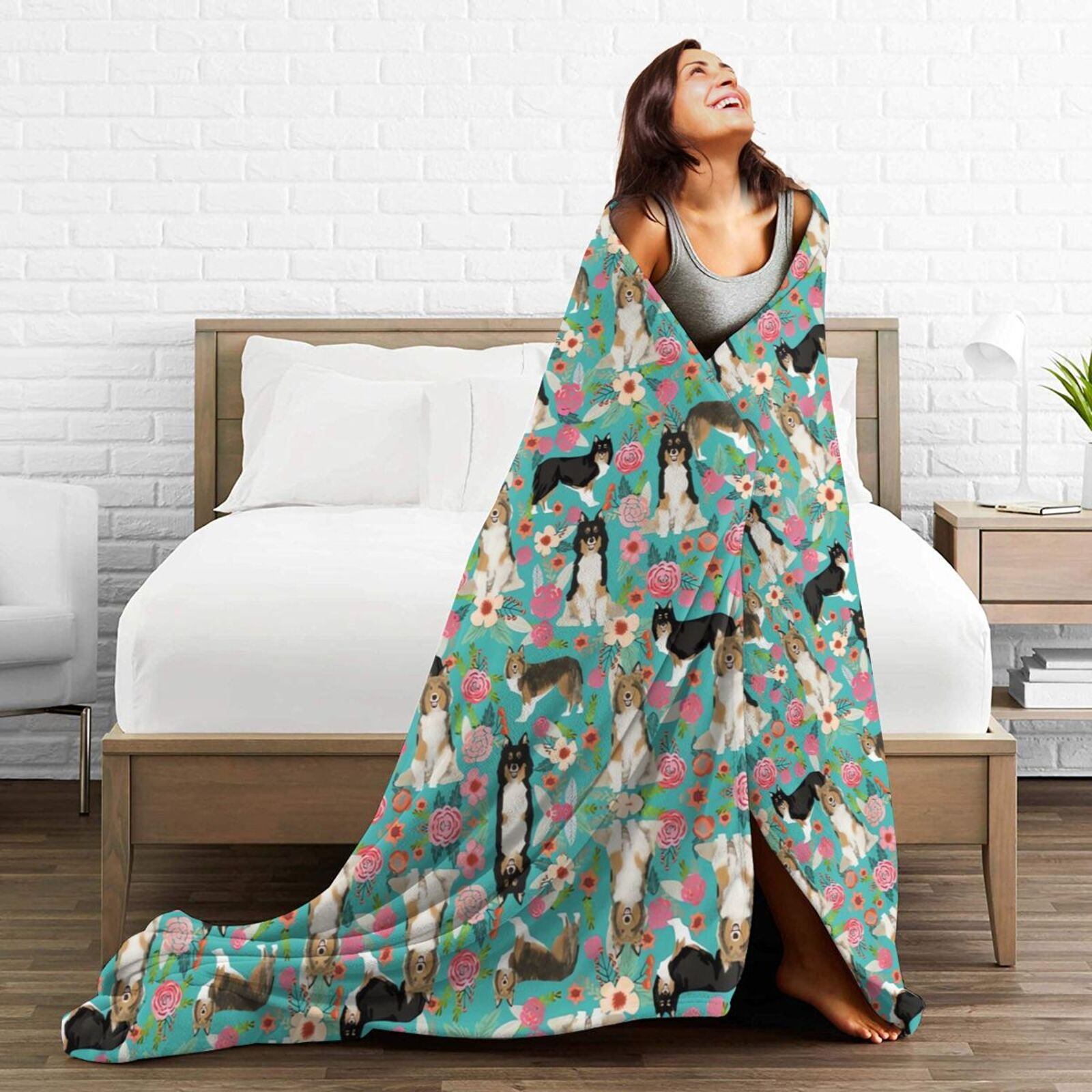 Wijzvio Sheltie Dog Green Flower Floral Throw Blanket Soft Fuzzy Fleece Blanket For Couch Bed Living Room Decoration 50"X40"