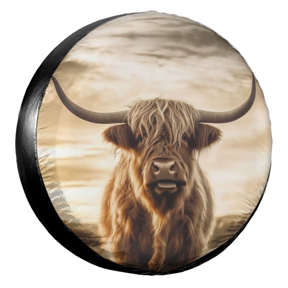 KAKALAD Long Horns Highland Cow Standing In Field 02 Spare Tire Cover Universal Vehicle Accessories Buckle Car Tools 14”in