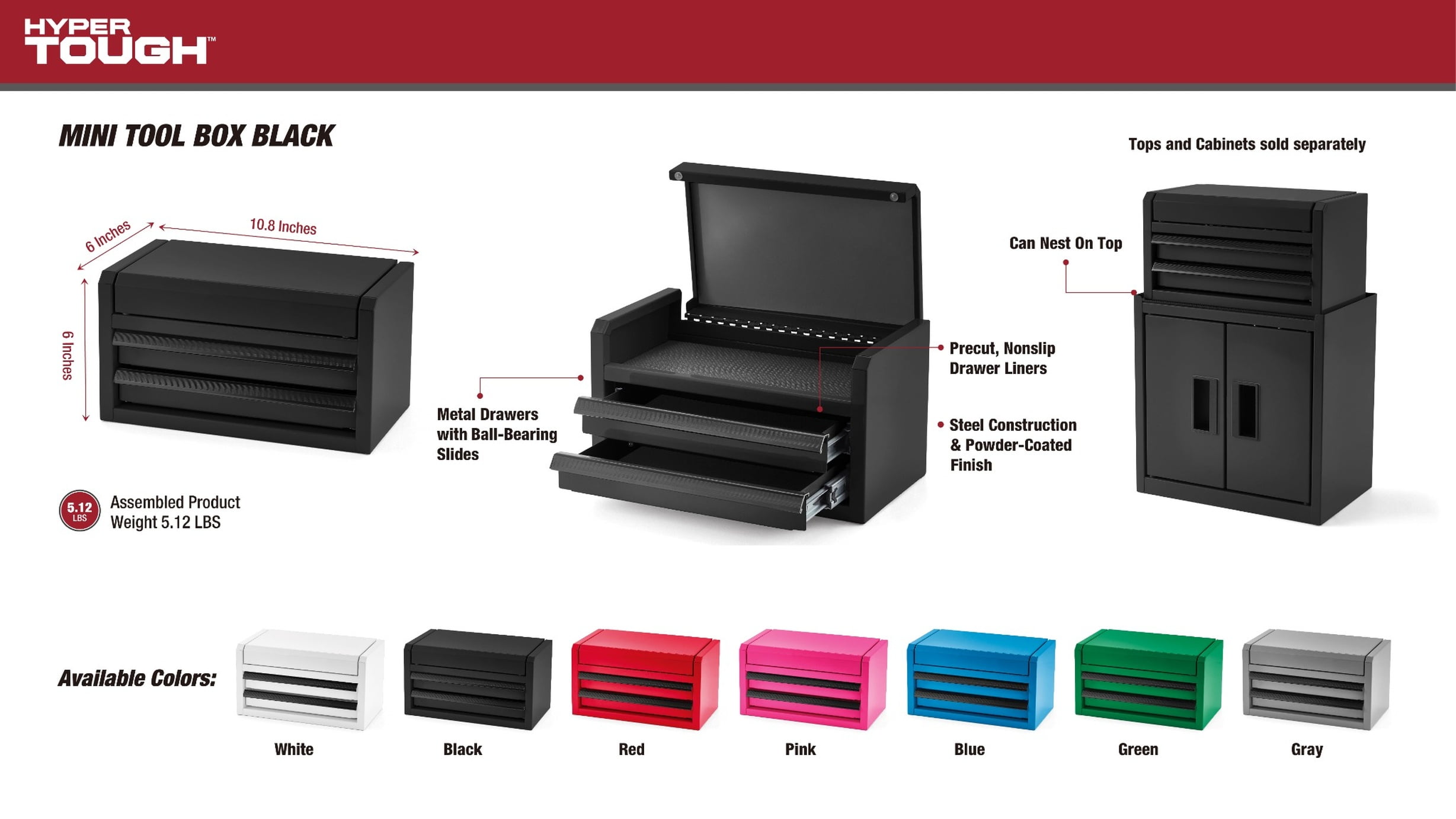 Hyper Tough Mini 10-Inch 2-Drawer Steel Toolbox – Black