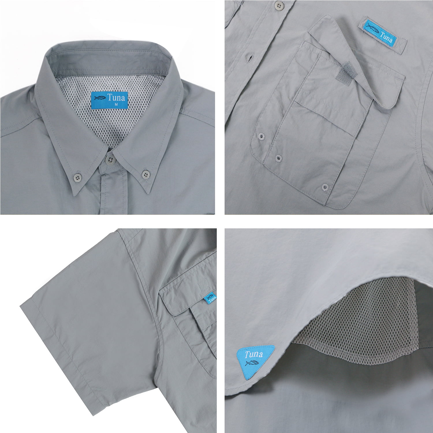 Tuna Men's UV UPF 50+ Sun Protection Soild Anti-Static Waterproof Breathable  Fast Dry SPF Hiking Fishing Short Sleeve Shirts (Cool Grey #2 M) 