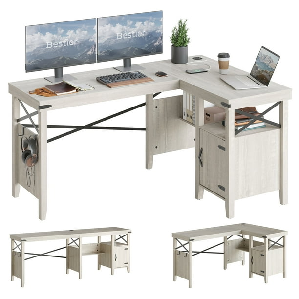 Bestier Farmhouse Reversible L Shaped Computer Desk 60 inches Home Office Desk