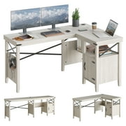 Bestier Farmhouse Desk 60 L-Shaped Computer Desk with Cabinet for Home Office , Wash White