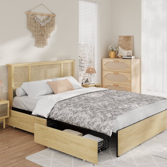 Memoryfield Queen Size Bed Frame with Rattan Headboard, Metal Platform Bed with 4 Drawers, Wooden Slats, No Box Spring Needed, Natural