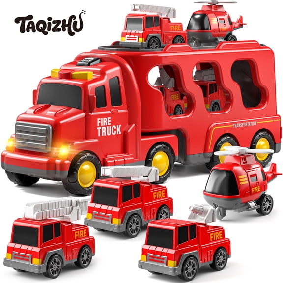 TAQIZHU Fire Truck Car Set for Toddlers Ages 1-3-5, 5 in 1 Carrier Truck Toys with Light & Sound