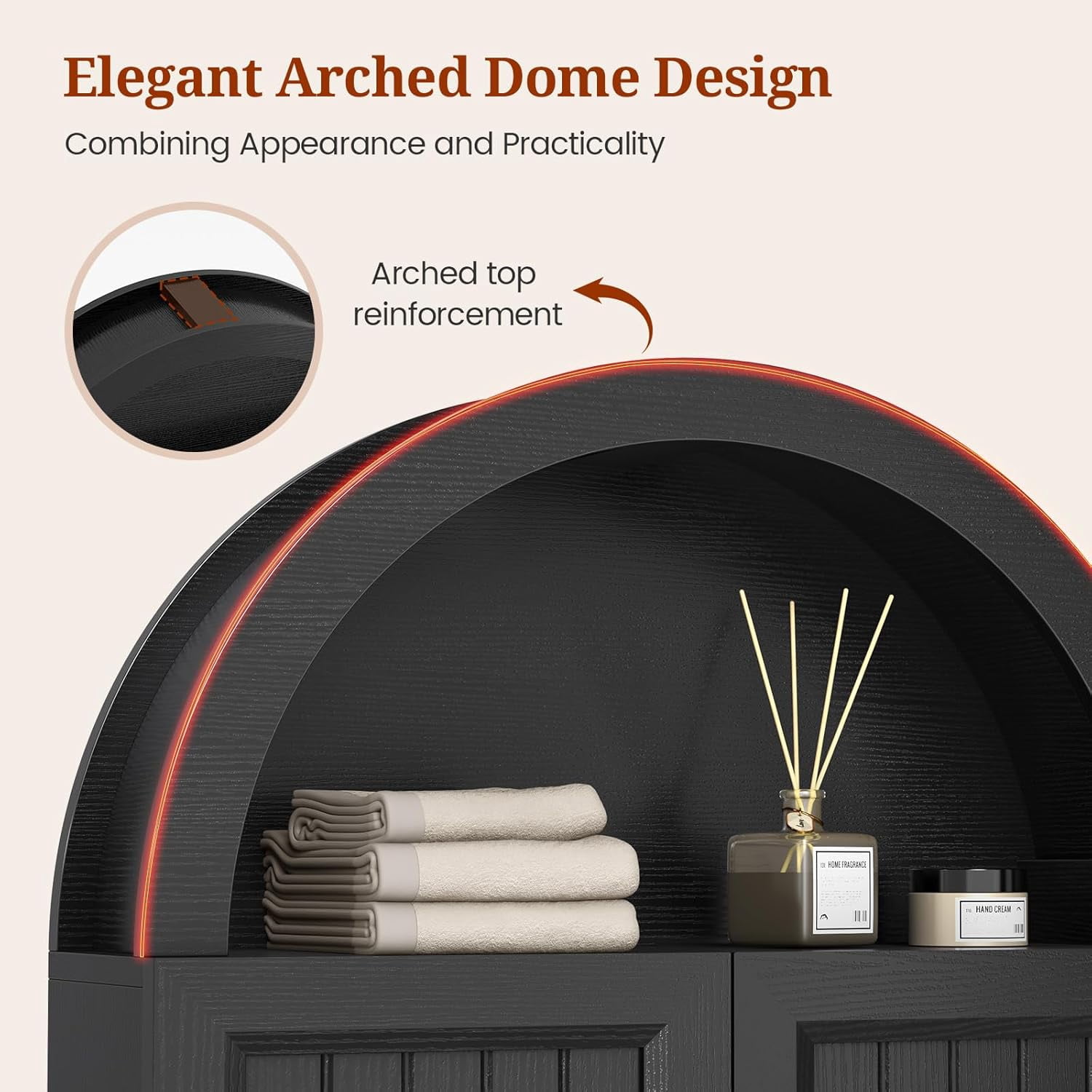Bathroom Wall Cabinet, Arched Medicine Cabinet Over Toilet Storage with Adjustable Shelf and Open Compartment for Laundry Room Kitchen Living Room, Black