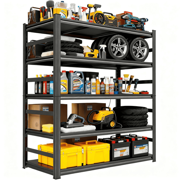 72"H x 36"W Metal Garage Shelving Unit, 5-Tier Heavy Duty Garage Storage Shelves with Fences, 3000 lbs Adjustable Industrial Shelving, Standing Shelf for Warehouse, Basement, Double-Layer Columns