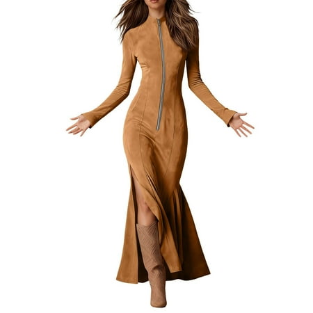 DGMIOCS Women s Double-Faced Wool Dress with Full-Length Zipper and Stand-Up Collar for Everyday Casual Comfort Yellow S