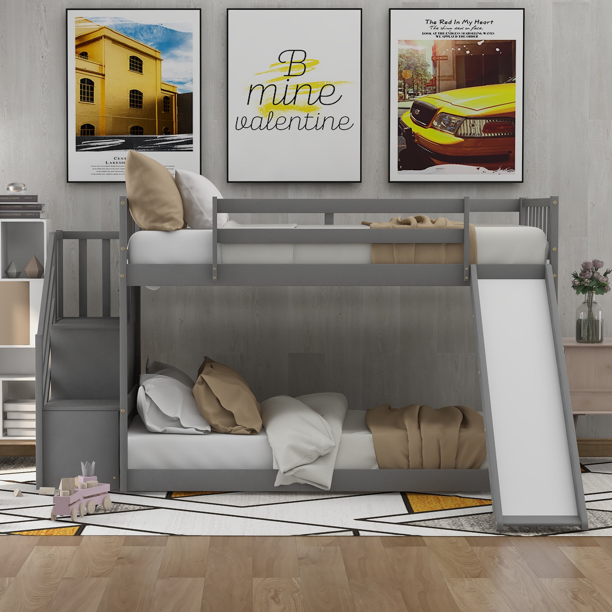 EUROCO Modern Wood Twin over Twin Bunk Bed with Slide and Staircase, Low Profile Bunk Bed with Storage for Kids Teens,Gray