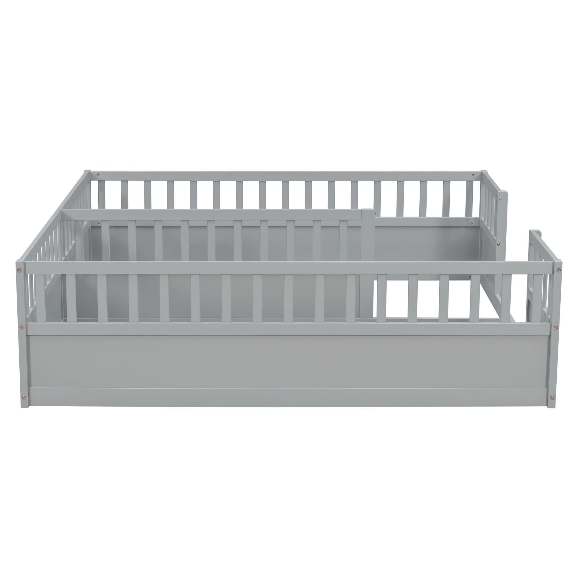 Leumius Double Pine Wood Twin Floor Bed with Semi-Enclosed Safety Guardrails, Open Entrance for Kids Bedroom Grey