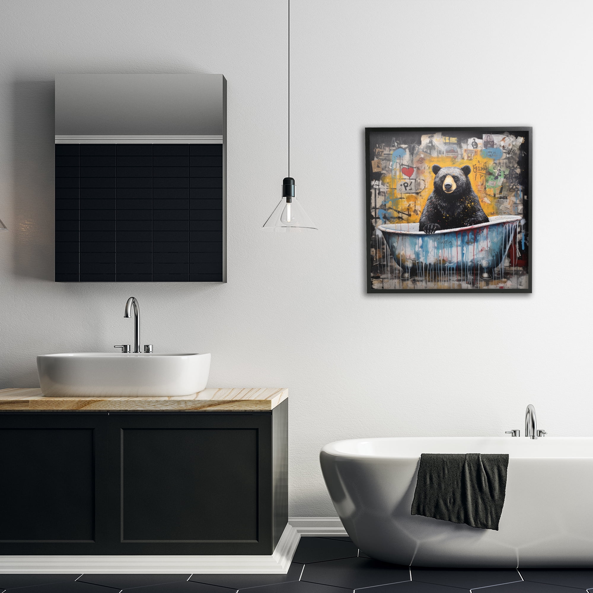 Stupell Industries Graffiti Bathing Bear Typography Painting Black Framed Art Print Wall Art, 24 x 24