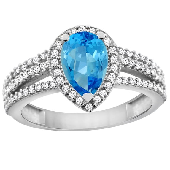 14K White Gold Natural Swiss Blue Topaz Ring 9x7 Pear Halo Diamond, size 6.5