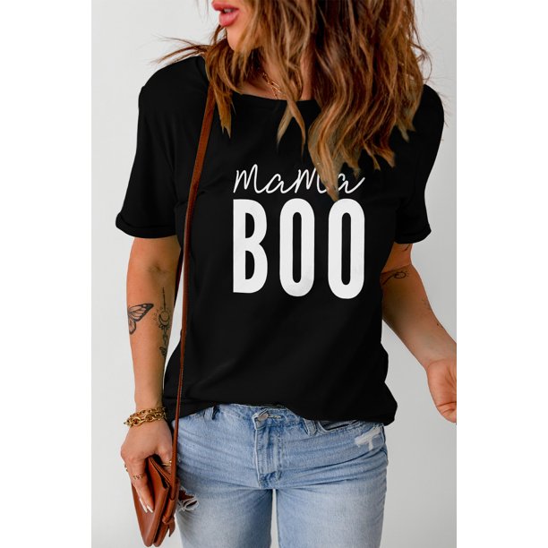ABPHQTO Camiseta estampada negra con cuello redondo y estampado de letras Mama BOO para mujer