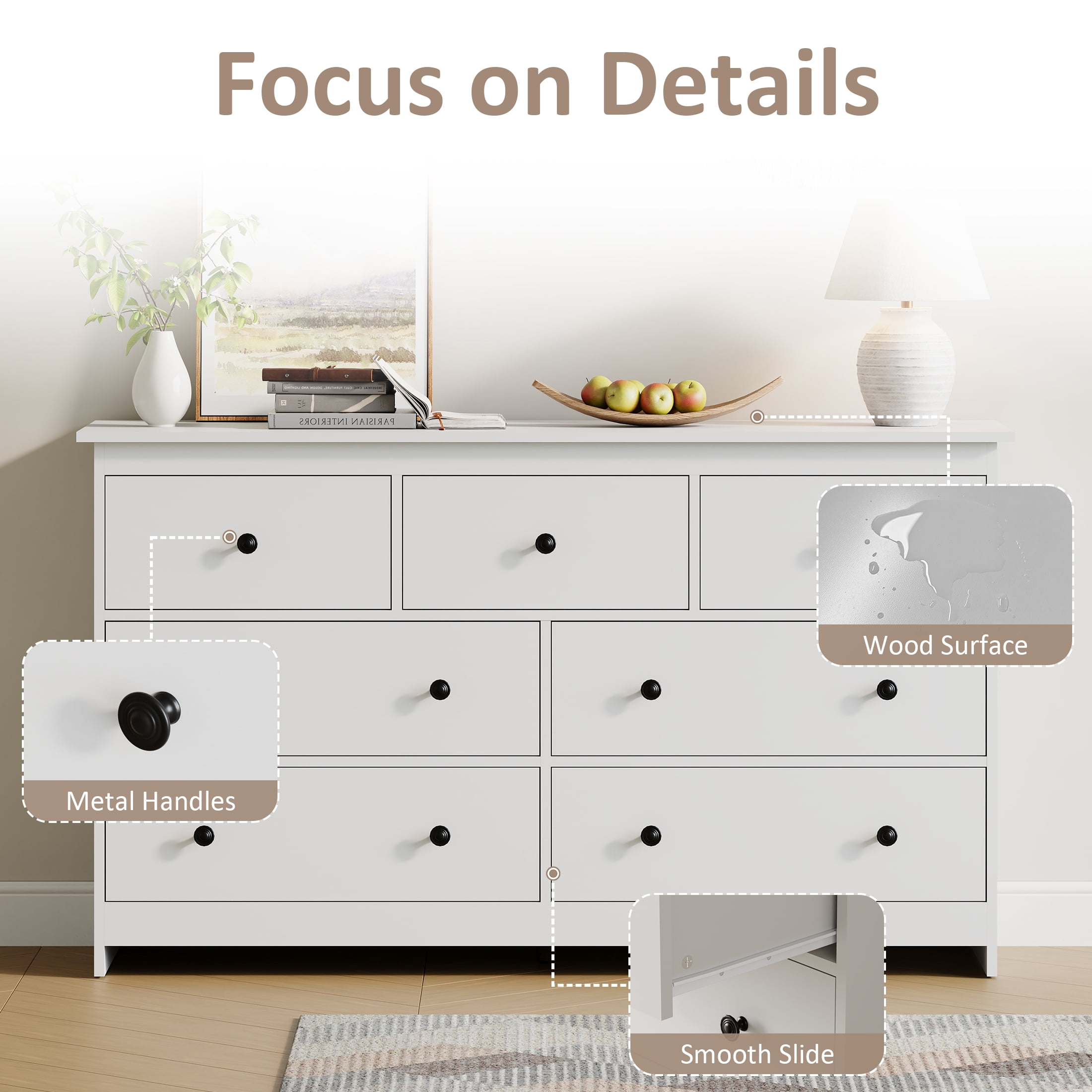 YouTrend 7 Drawer Dresser,White Dresser for Bedroom Drawer Organizer Storage Drawers,Wood Adult Storage Cabinet Living Room Hallway