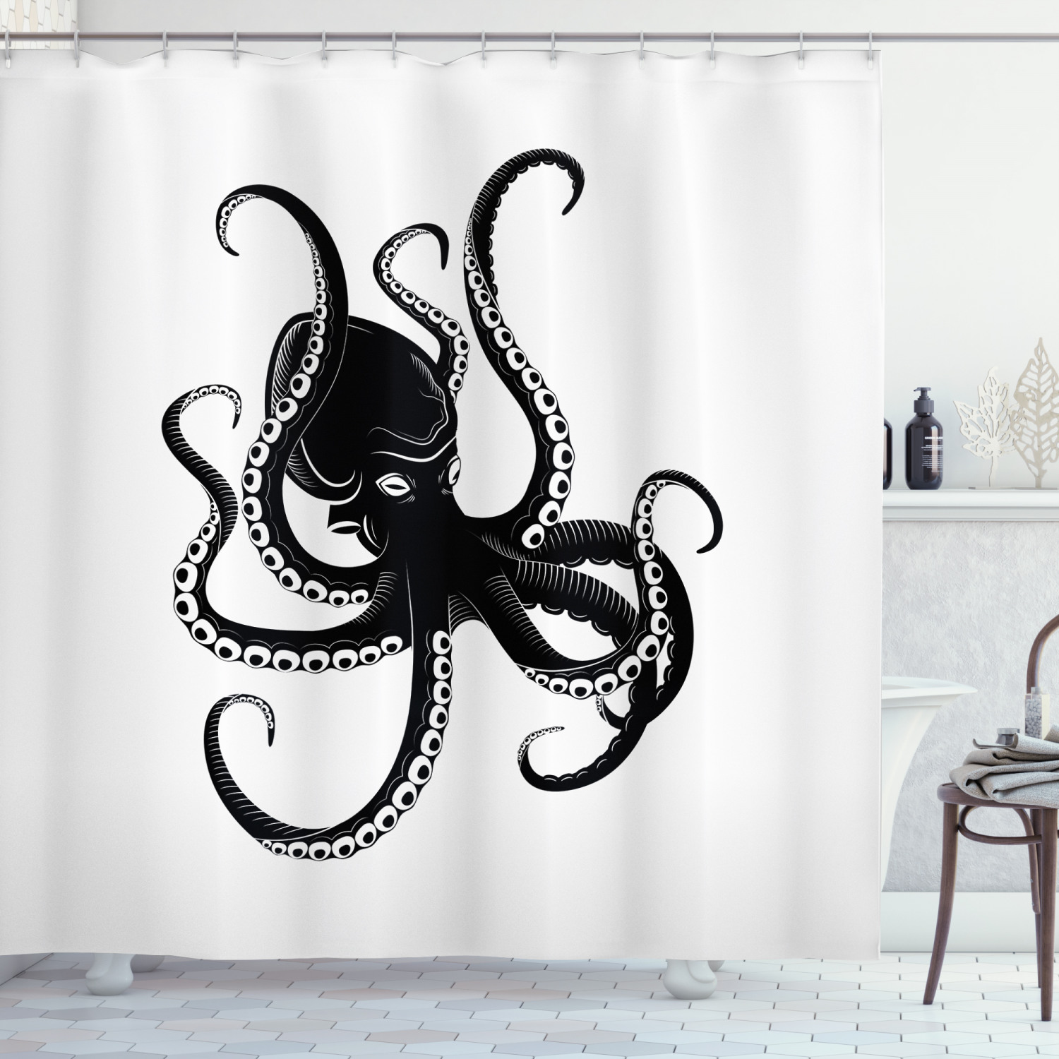 Octopus Shower Curtain, Monochrome Image of a Sea Animal Raising its