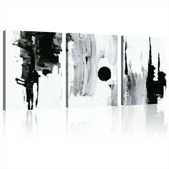 2D Canvas, Framed Set of 3 Canvas Wall Art Ready to Hang Abstract Black and White Ink Art Prints, Art Deco Style, Wood Wrapped Canvas, Portrait Orientation 12*16inch*3pcs