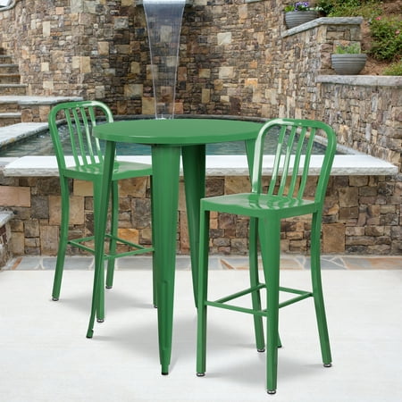 Flash Furniture Commercial Grade 30" Round Green Metal Indoor-Outdoor Bar Table Set with 2 Vertical Slat Back Stools