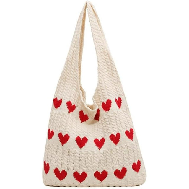 Bolso de hombro tejido con estamp de corazones, Bolsas de amor de punto estético Y2k, Lindo bolso hobo para mujer, Bolsa de mano de gran capacidad (C,One Size)